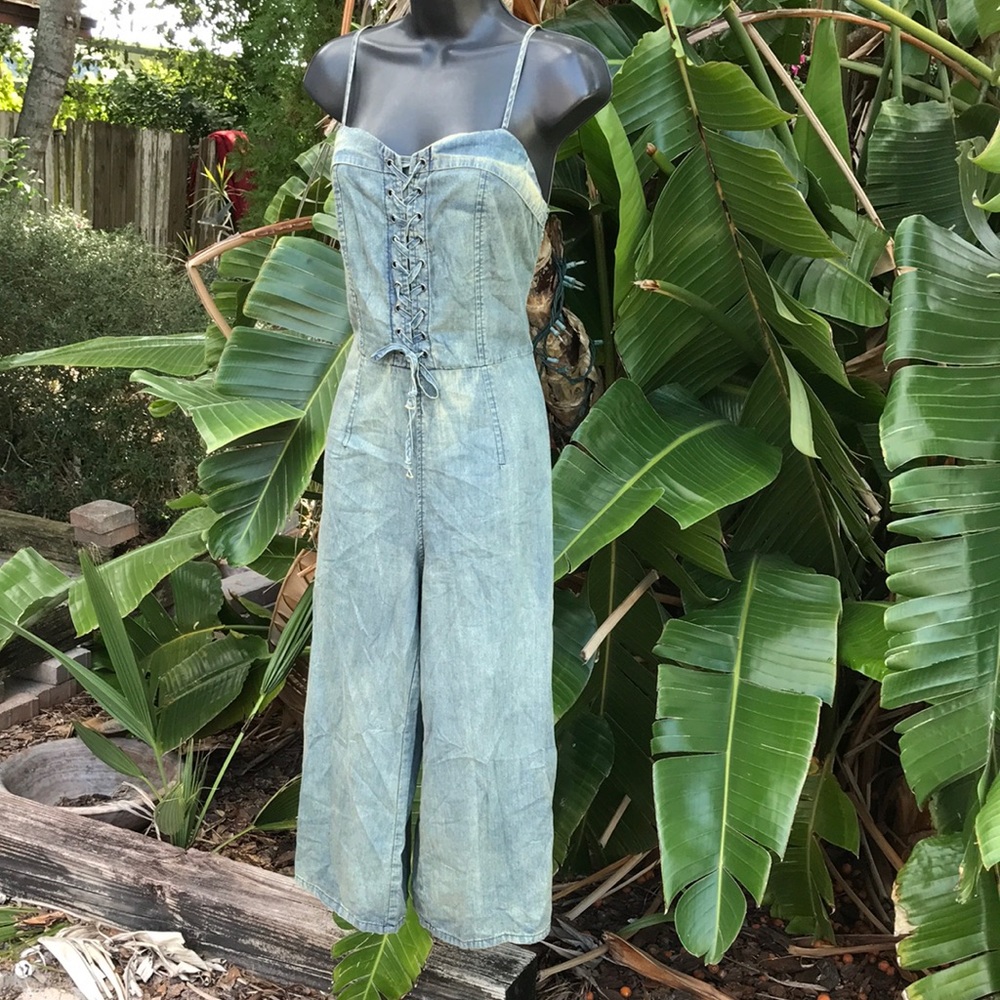 Vintage Havana laced denim crop wide leg jumpsuit